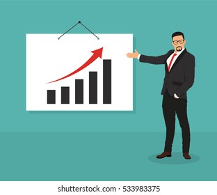Man with pointer standing at the blackboard with graphs, curves and infographics - stock vector.