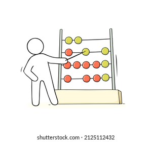 Man pointing - an abacus with colored beads. Abacus icon with wooden beads isolated on white background. Vector hand drawn illustration of person and math tool