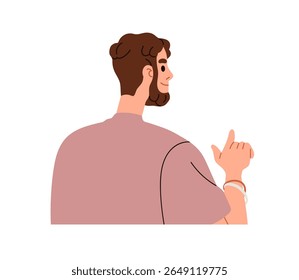Homem apontando para a frente com o dedo, para trás, para trás. Personagem masculino sorridente feliz olhando e mostrando, indicando com gesto de mão, guiando. Ilustração de vetor plano isolada no plano de fundo branco