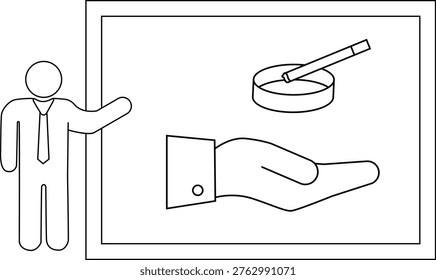 Man pointing to an antismoking poster displaying a hand an ashtray with a cigarette