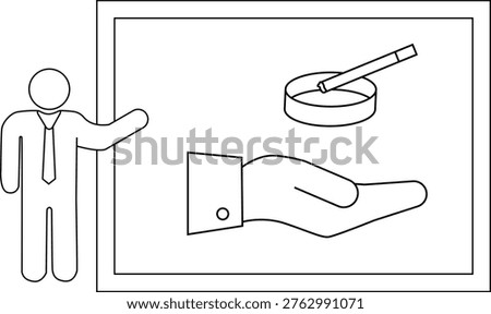 Man pointing to an antismoking poster displaying a hand an ashtray with a cigarette