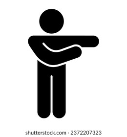 Man pointing with arms to left solid icon. Man with two arms raised left glyph style pictogram on white background. Stick figure or stickman for mobile concept and web design. Vector graphics