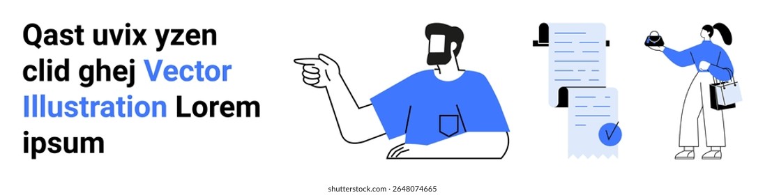 Man pointing aside, checklist with pen and clip, woman analyzing pie chart holding a magnifying glass. Ideal for business presentations, project management, educational materials, data analysis