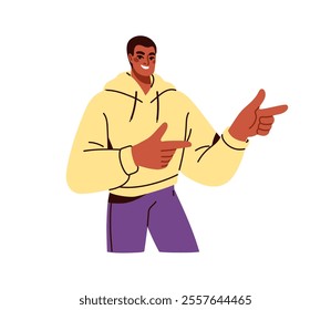 Man pointing aside and smiling. Happy male character presenting, showing with hand gesture, indicating with fingers, standing in confident pose . Flat vector illustration isolated on white background