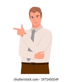 Man pointing away and showing or presenting something. Man shows the direction with his finger. flat character vector illustration isolated on white background. man with expression concept