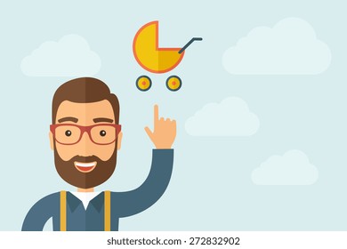 A Man pointing the baby stroller icon. A contemporary style with pastel palette, light blue cloudy sky background. Vector flat design illustration. Horizontal layout with text space on right part.