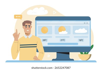Man pointing up beside a desktop screen showing weather forecast with temperatures and icons in flat style on white background. Concept of weather reporting. Vector illustration