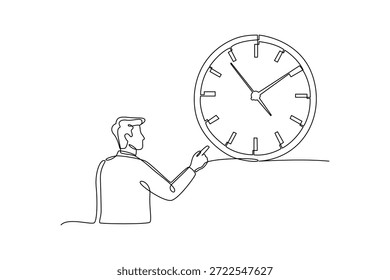 Hombre apuntando a un gran reloj. Concepto de gestión del tiempo. Diseño de dibujo de línea única. Ilustración gráfica de Vector