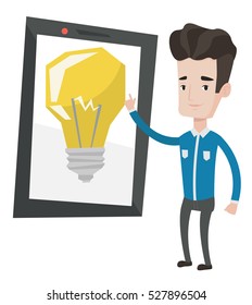 Man pointing at a big tablet computer with idea light bulb on a screen. Businessman working on a new business idea. Business idea concept. Vector flat design illustration isolated on white background.
