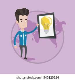Man pointing at big tablet computer with idea bulb on a screen. Businessman working on a new business idea. Business idea concept. Vector flat design illustration in the circle isolated on background.