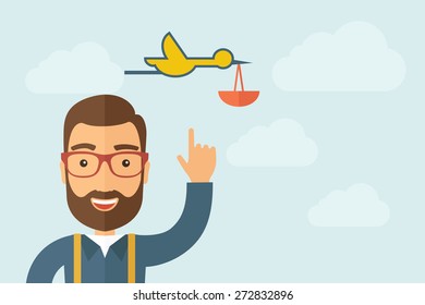A Man pointing the bird with basket icon. A contemporary style with pastel palette, light blue cloudy sky background. Vector flat design illustration. Horizontal layout with text space on right part.