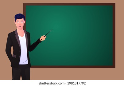 Man Pointing At Black Board with a stick, Teacher standing in front of chalkboard premium Vector.