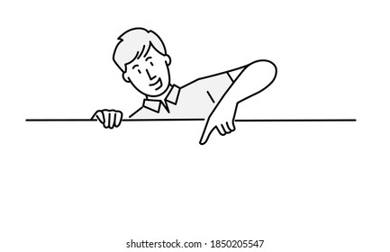 Man pointing at a blank board. Hand drawn vector illustration.