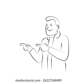 man pointing blank space illustration vector hand drawn with black lines isolated on white background.