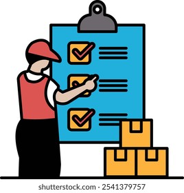 A man is pointing at a blue clipboard with a checklist on it. He is wearing a red shirt and a red hat