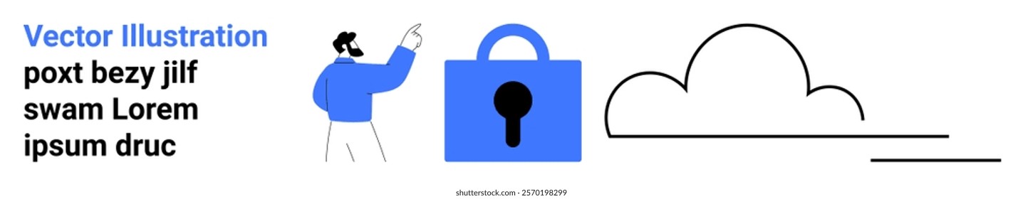 Man pointing to a blue lock icon next to a cloud symbol on a clean white background. Ideal for cloud storage protection, online security, data privacy, cybersecurity awareness, and technology