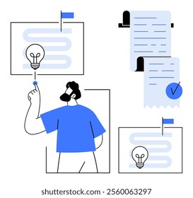 Man pointing at board with lightbulb, notes with checkmark. Elements depict workflow, brainstorming, innovation. Ideal for productivity, business strategy, planning, creativity, idea generation