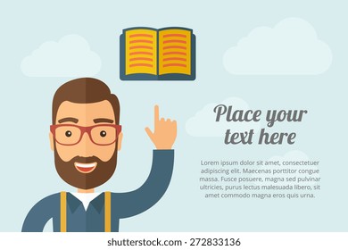 A Man pointing the book icon. A contemporary style with pastel palette, light blue cloudy sky background. Vector flat design illustration. Horizontal layout with text space on right part.