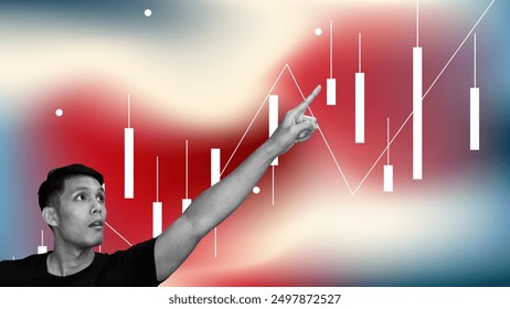 Man pointing up with bullish candlestick pattern isolated on abstract blurred gradient background. Raising stock price on the market concept vector illustration