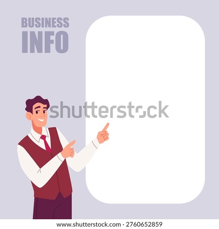 Man pointing. businessman character pointing on white empty banner