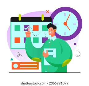 a man is pointing at a calendar with a clock on it