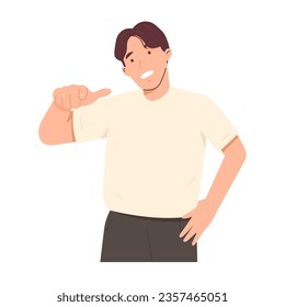 Man pointing at camera with happy smiling face. Attractive man looks at camera with confidence showing advertisement. Hand drawn vector character illustration. Isolated on white background.
