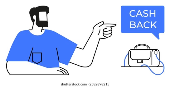 Man pointing to a CASH BACK speech bubble next to a briefcase. Ideal for marketing, promotions, e-commerce, finance, customer loyalty, advertising, business growth. Line metaphor