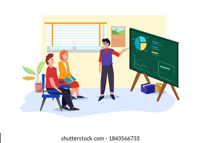 The man is pointing at the chart to give guidance to colleagues. Can use for web banner, infographics, hero images. Flat illustration isolated on white background.