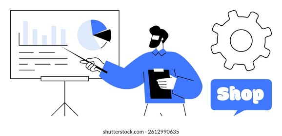 Man pointing to a chart with graph and pie chart, holding a clipboard. Visible gear symbol and speech bubble with word Shop. Ideal for business, presentation, e-commerce, data analysis, marketing