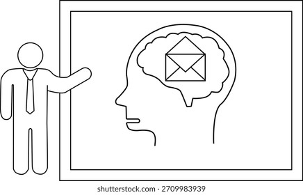Man pointing to a chart with a head containing a mail envelope in the brain