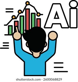 A man is pointing at a chart with the word AI in the background. The chart shows a graph with a downward trend
