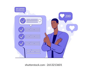 Man pointing at a checklist with checkmarks and text bubbles, flat graphic style with purple tones on white background. Concept of feedback and engagement. Vector illustration