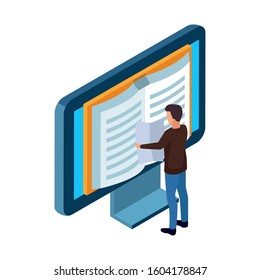 man pointing a computer with book on screen over white background, vector illustration