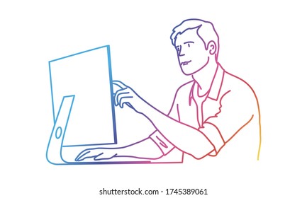 Man pointing at computer. Rainbow colors in linear vector illustration.