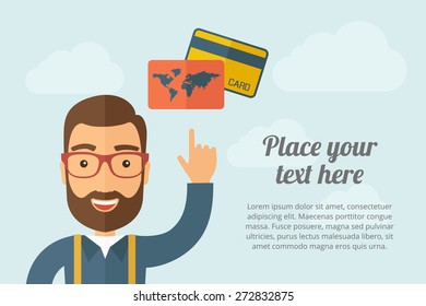 A Man pointing the credit crads icon. A contemporary style with pastel palette, light blue cloudy sky background. Vector flat design illustration. Horizontal layout with text space on right part.