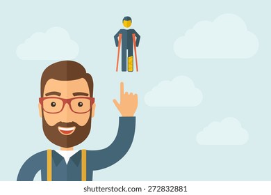 A Man pointing the man with crutches icon. A contemporary style with pastel palette, light blue cloudy sky background. Vector flat design illustration. Horizontal layout with text space on right part.