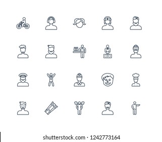 Man pointing, Cyclist face, face with beard, Russian man Chinese headphones, Little boy beret and goatee outline vector icons from 20 set