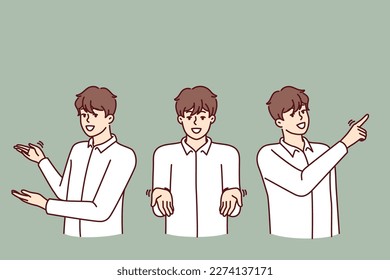 Man pointing in different directions providing consulting or customer support services and answering questions of interest. Three identical guys make pointing gestures with hands giving clues 