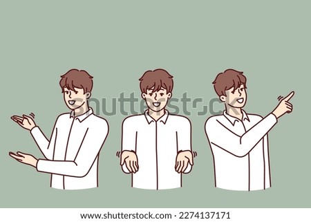 Man pointing in different directions providing consulting or customer support services and answering questions of interest. Three identical guys make pointing gestures with hands giving clues 