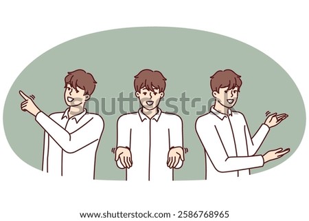 Man pointing in different directions providing consulting or customer support services and answering questions of interest. Three identical guys make pointing gestures with hands giving clues