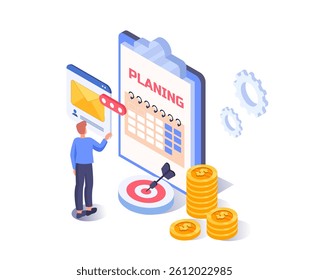 Man pointing at a digital calendar labeled planning, next to email window, target with dart, coins and gears on white background. Concept of productivity. Vector illustration