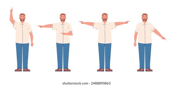 Hombre apuntando en dirección. Gesto del brazo del dedo del hombre de negocios que muestra el camino del camino del índice, persona masculina de pie del cargo manager expresión del punto pose Ilustración vectorial autores gráficos