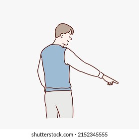 man pointing down. Hand drawn style vector design illustrations.