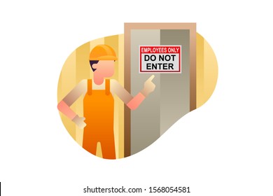 A Man Pointing To Employees Only Do Not Enter Sign Vector Door