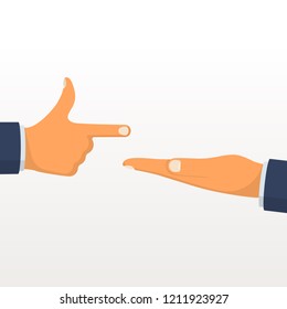Man is pointing. Empty palm as a place for an object and design elements. Empty area for advertising and product promotion. Vector illustration flat style design. Isolated on background.
