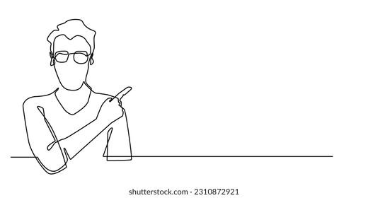 man pointing with finger continuous line.man in glasses showing something one line vector concept