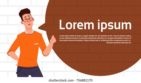 Man Pointing Finger To Copy Space In Big Chat Bubble White Brick Wall Background Flat Vector Illustration