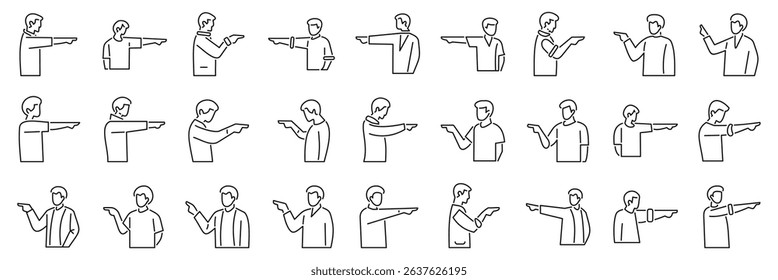 Man pointing finger forward icons set. Line art icons of people pointing their fingers in various directions, symbolizing showing, indicating, choosing, or accusing