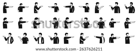 Man pointing finger forward icons set. Collection of men pointing with their index finger in various directions and poses, conveying guidance, direction, or accusation