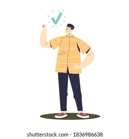 Man pointing finger on check mark. Cartoon male character with successfully completed task or vote sign over white background. Flat vector illustration